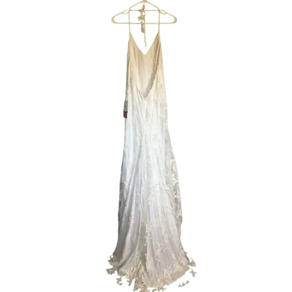 Stacees Women's Ivory Floral Lace Open Back Spaghetti Strap Bridal Dress NWT
